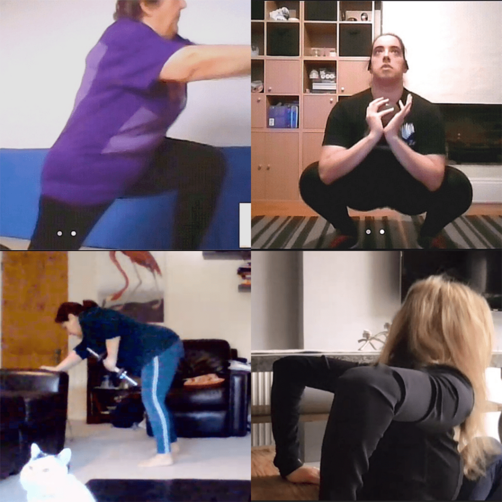 A collage of 4 clients during their video call sessions with their trainer. In the online personal trainer vs in person debate, these clients are enjoying their virtual sessions